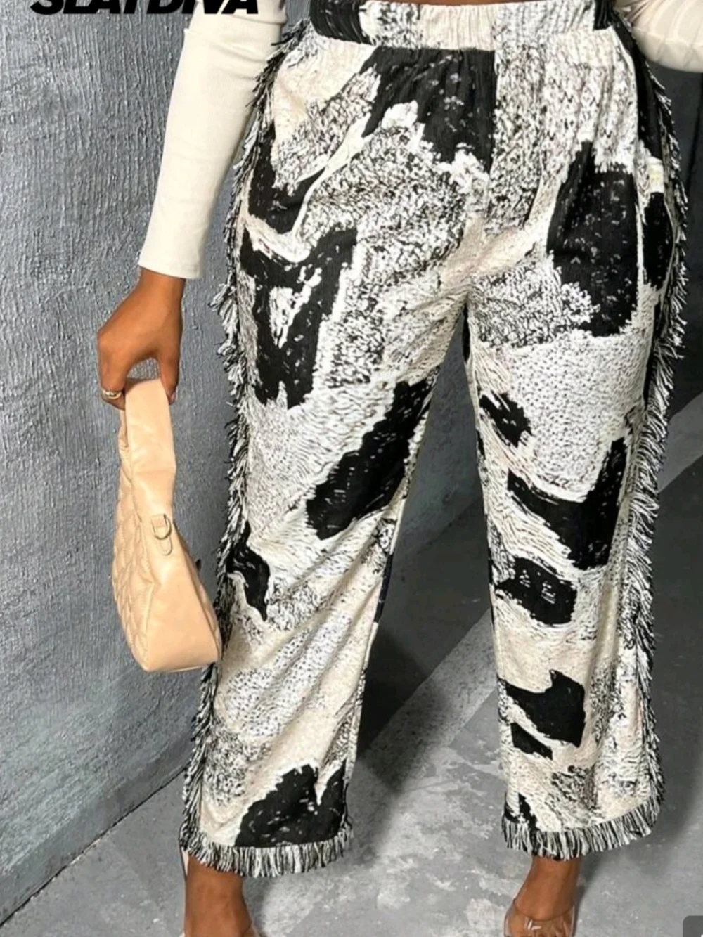 SHEIN Black & White Abstract Fringe Cropped Wide-Leg Pants - Picture 1 of 3